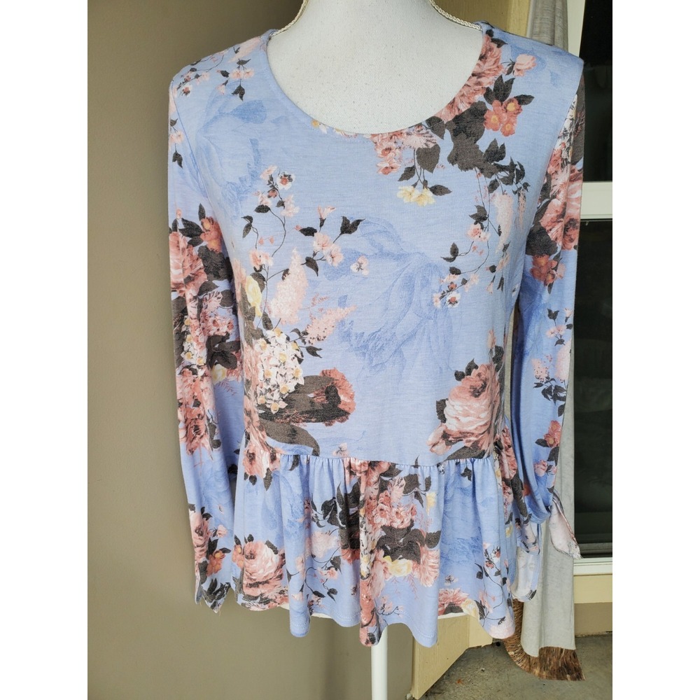 Alya Top Womens Small Blue Orange Floral Smocked Ruffled Stretch Wrist Ties USA